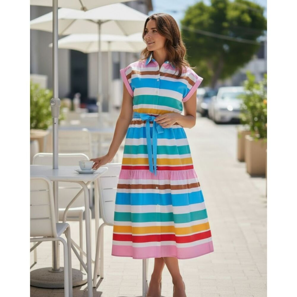 J.Crew Re-Imagined Colorful Striped Shirt Midi Dress Retro 80s 90s Sz 4